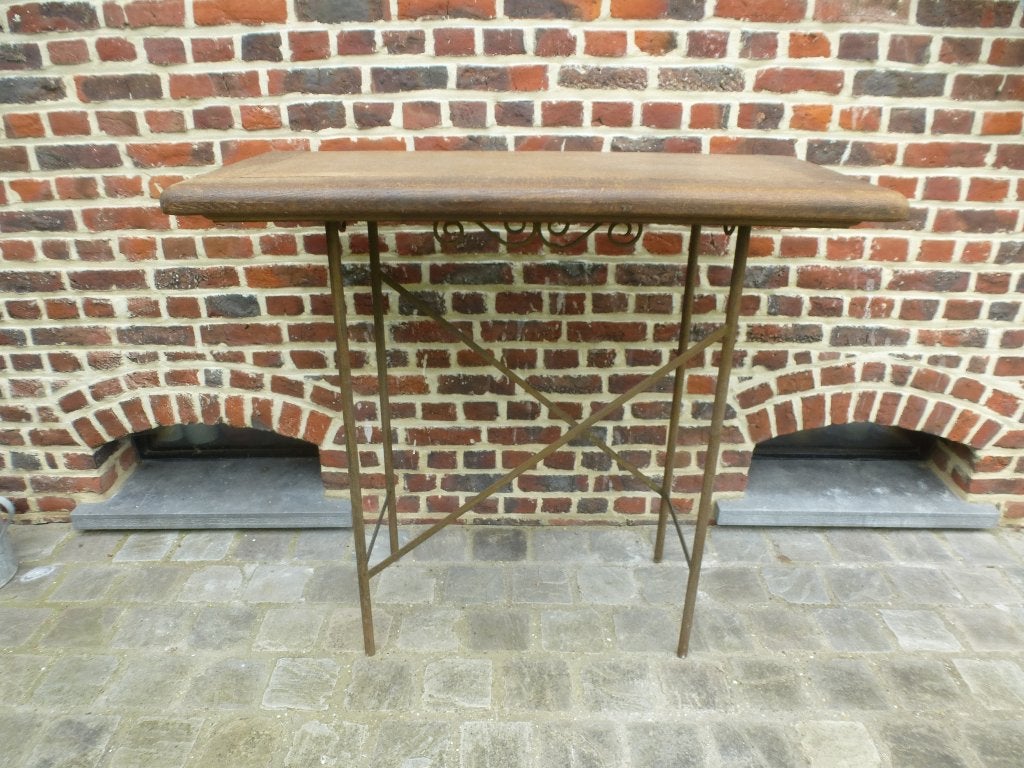 hoog wandtafeltje uit smeedijzer en eik, Ophalen