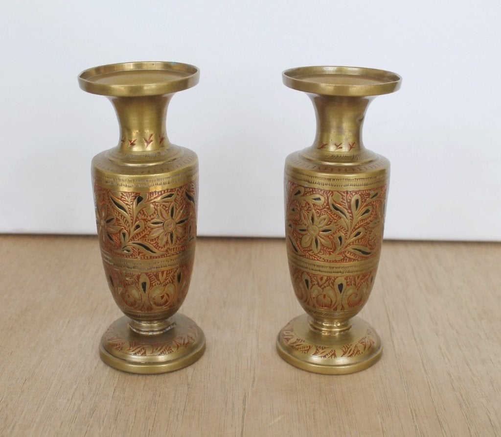 Indische vaasjes 2 st. messing-email, vintage handgemaakt, Antiek en Kunst, Ophalen of Verzenden