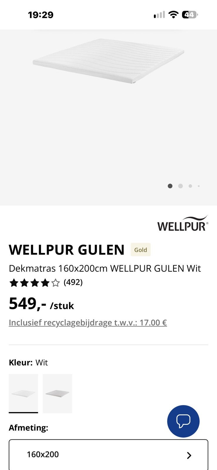 Topper Wellpur Gulen Jysk wit, Ophalen, Matras, 200 cm, 160 cm