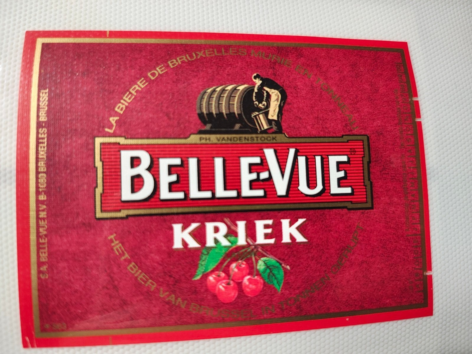 Étiquette de bière : KRIEK Belle-Vue PH. Vandenstock, Collections, Enlèvement ou Envoi, Neuf, Autres marques