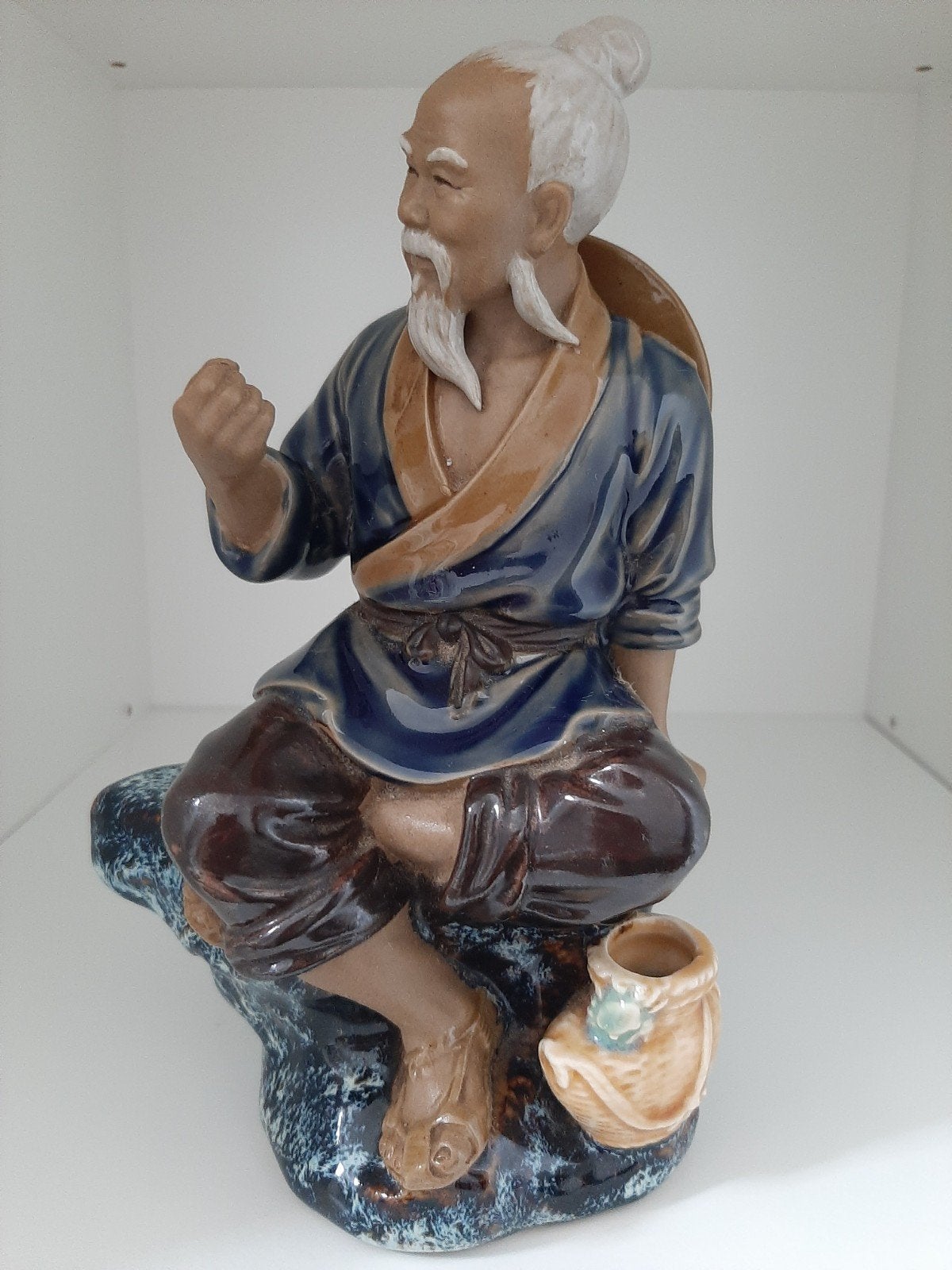 Vintage Chinese Shiwan Ceramic Mudman Fisherman Figurine 8”, Ophalen