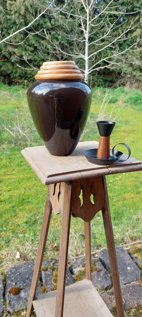 Vase en céramique noire brillante avec bord en bambou avec, Jardin & Terrasse, Enlèvement ou Envoi, Métal