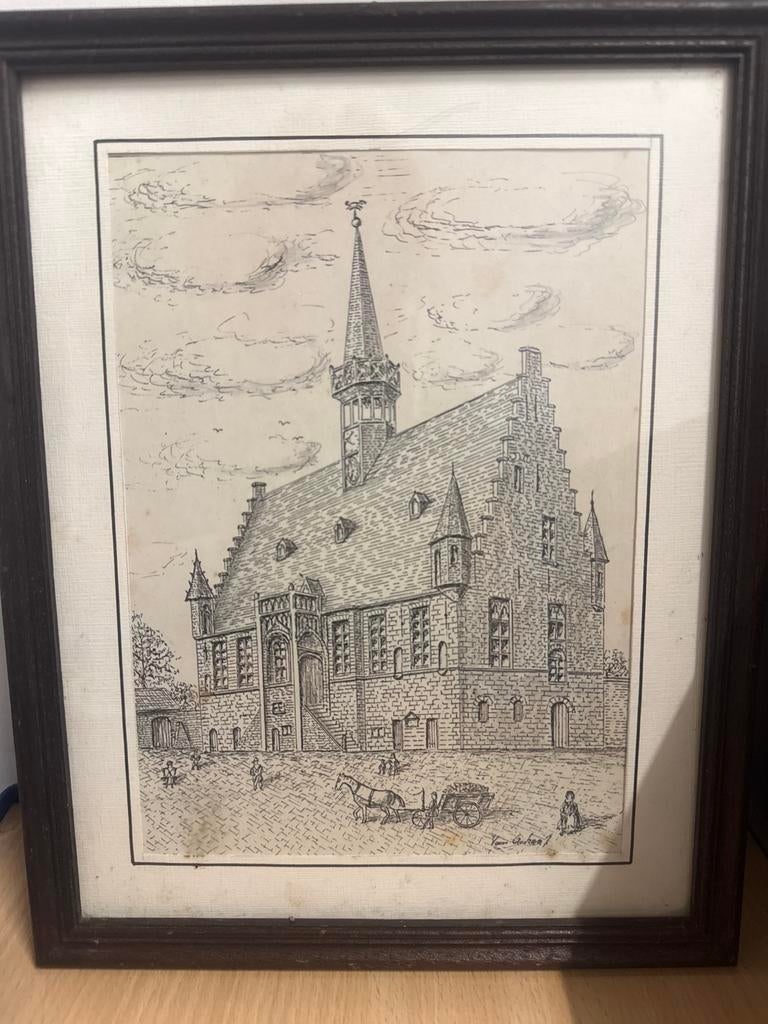 Vintage -historische architectuur,gesigneerd “van Geleest”, Antiek en Kunst, Kunst | Tekeningen en Fotografie, Ophalen of Verzenden