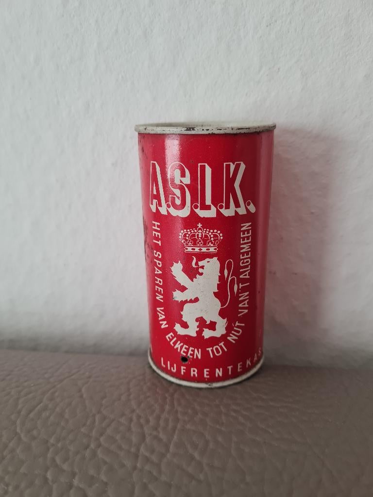 Vintage spaarpot in blik ASLK, Verzamelen, Ophalen of Verzenden