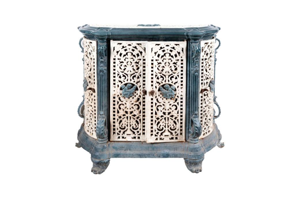 Buffet-poêle GODIN en fonte émaillée vert et blanc, +/-1880, Enlèvement