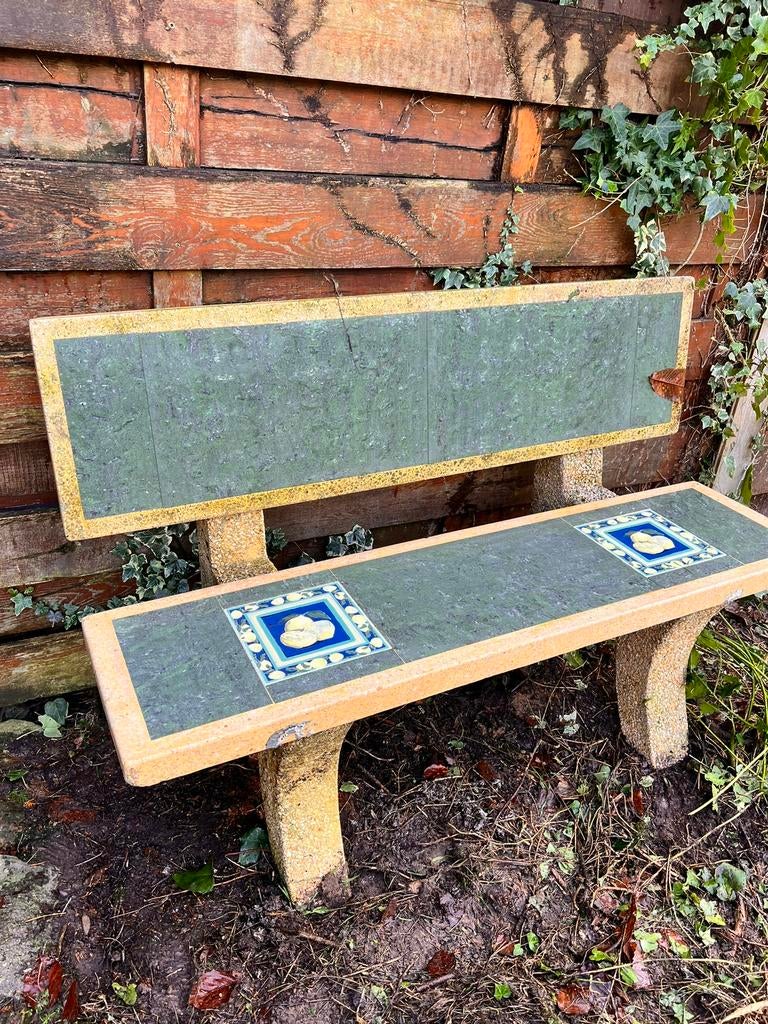 Banc d’extérieur en marbre bleu gris/cadre granit poli crème, Enlèvement, Comme neuf