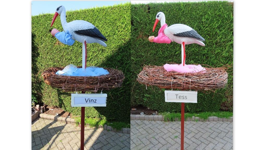 3d ooievaar op nest met baby in doek om zijn hals, Ophalen, Nieuw, Geboortebord