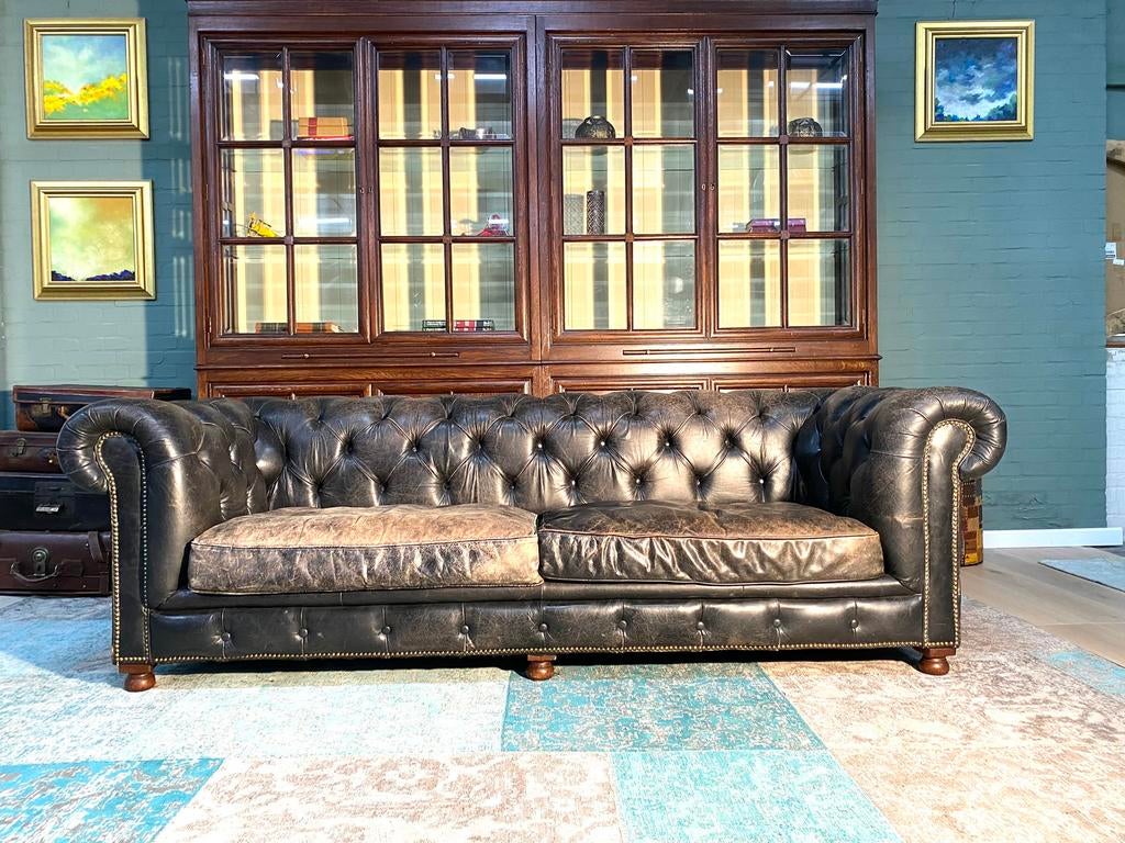 Stoere Chesterfield zetel vintage zwart GRATIS GELEVERD, Huis en Inrichting, Ophalen of Verzenden, Leer