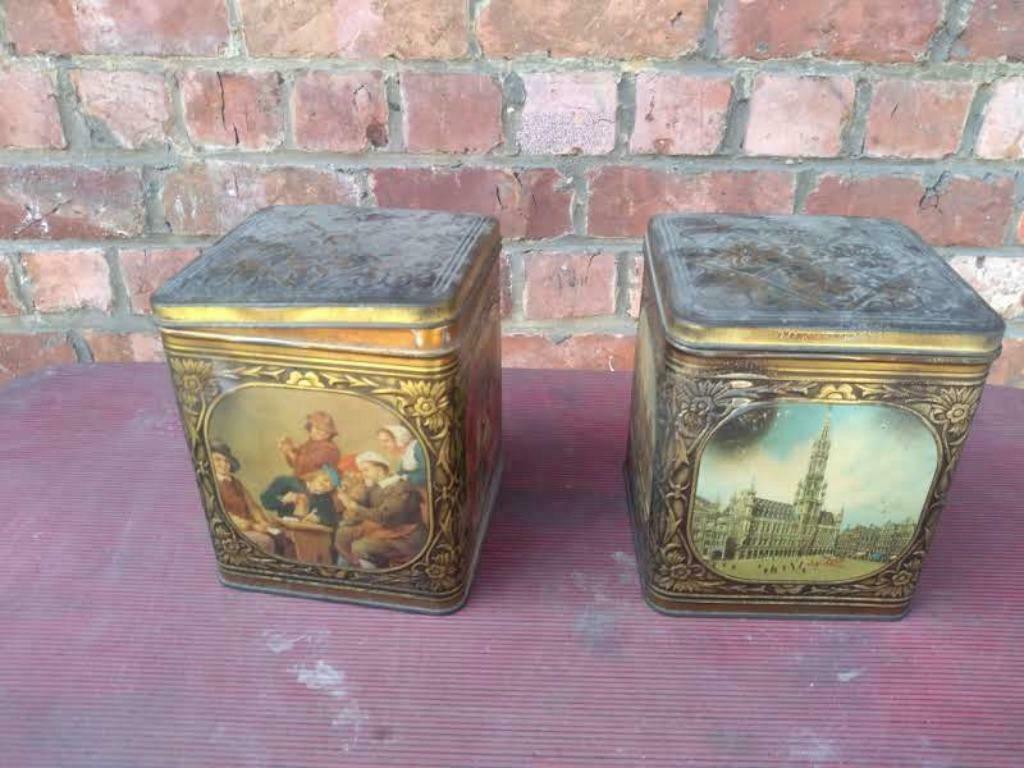 Vintage Demerat oude metalen chocolade blikken (2x), Ophalen of Verzenden, Gebruikt
