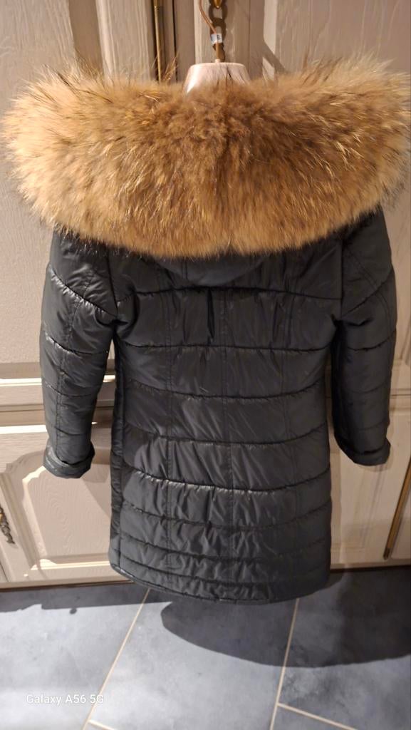Donsen zwarte lange jas met pelsen afneembare kap, ANDERE, Taille 38/40 (M), Enlèvement ou Envoi, Comme neuf