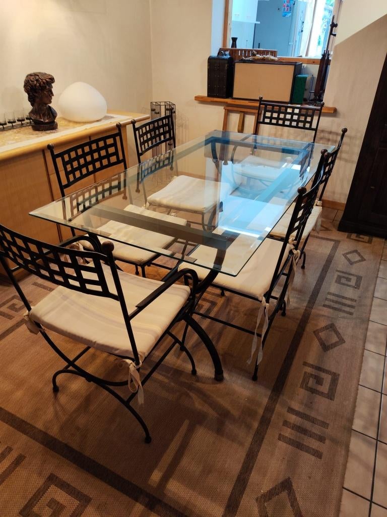 Glazen tafel met 6 stoelen- koloniale stijl, Huis en Inrichting, Tafels | Eettafels, Zo goed als nieuw, 100 tot 150 cm, 150 tot 200 cm