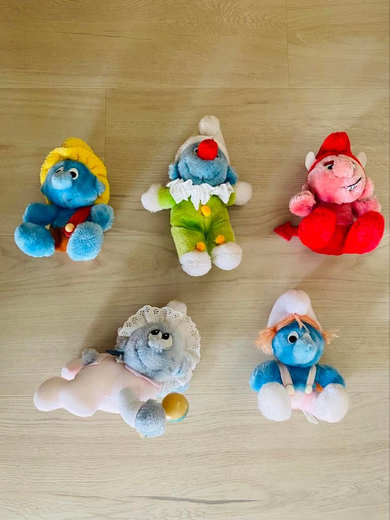 Set van 5 vintage Smurfknuffels ('80), Ophalen of Verzenden, Gebruikt, Verschillende Smurfen, Poppetje, Figuurtje of Knuffel