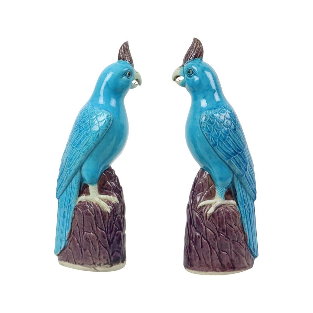 Koppel Turquoise Geglazuurde Papegaaien Chinees Porselein, Collections, Statues & Figurines, Utilisé, Animal, Enlèvement ou Envoi