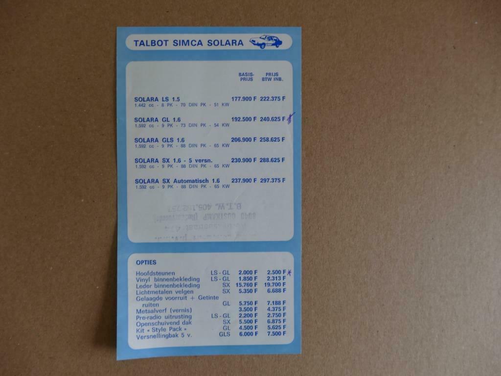 Prijslijst Talbot Simca Solara 1980, Enlèvement ou Envoi, Utilisé, Autres marques
