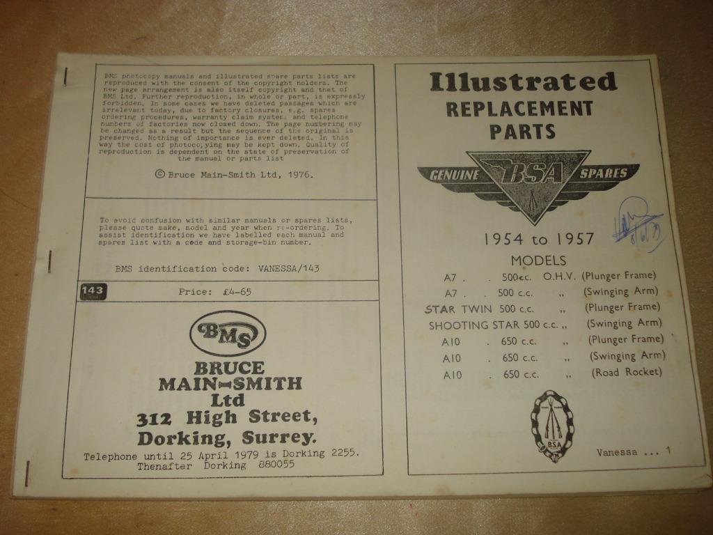 BSA Ancien Catalogue des Pièces de Rechange 1954 - 1957, Motos, Modes d'emploi & Notices d'utilisation, Enlèvement ou Envoi, Autres marques