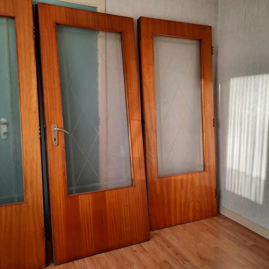 3 retro deuren met ingezet geslepen glas., Ophalen, Glas