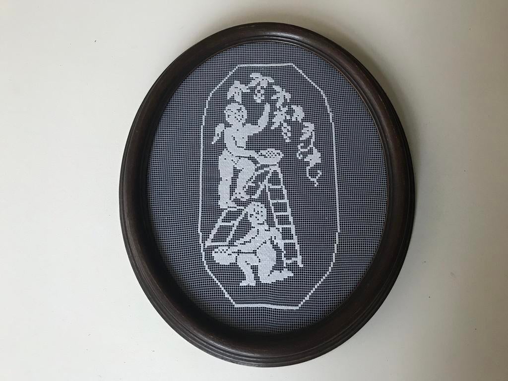 Houten lijst kader ovaal bruin handwerk achter glas, Ophalen of Verzenden