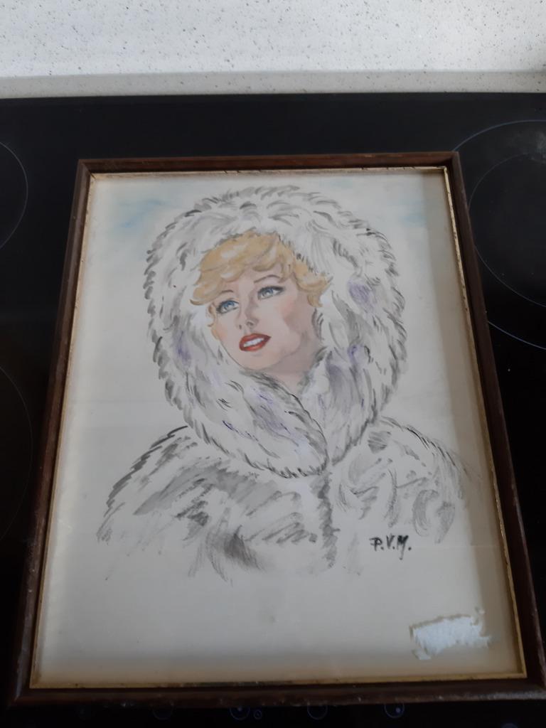 'Dame Blanche' signé P.V.M. (29,5 x 36,5 cm), Enlèvement ou Envoi, Comme neuf