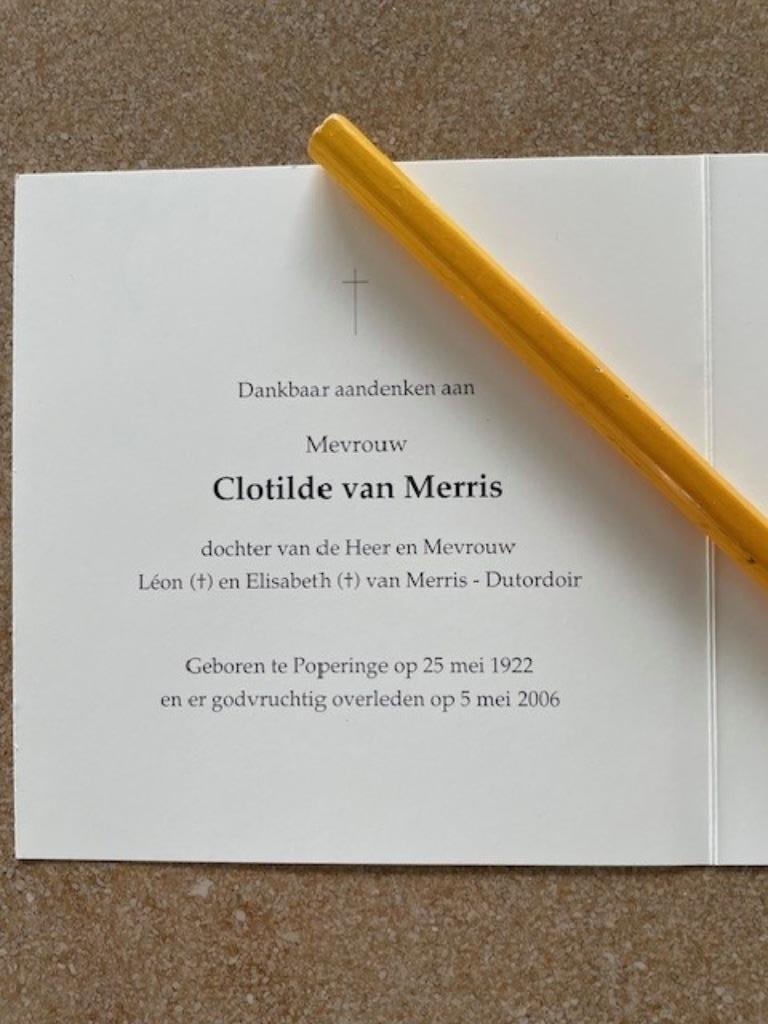 POPERINGE MEVR CLOTILDE van MERRIS  1922 en + 5/5/2006, Collections, Images pieuses & Faire-part, Enlèvement ou Envoi, Image pieuse