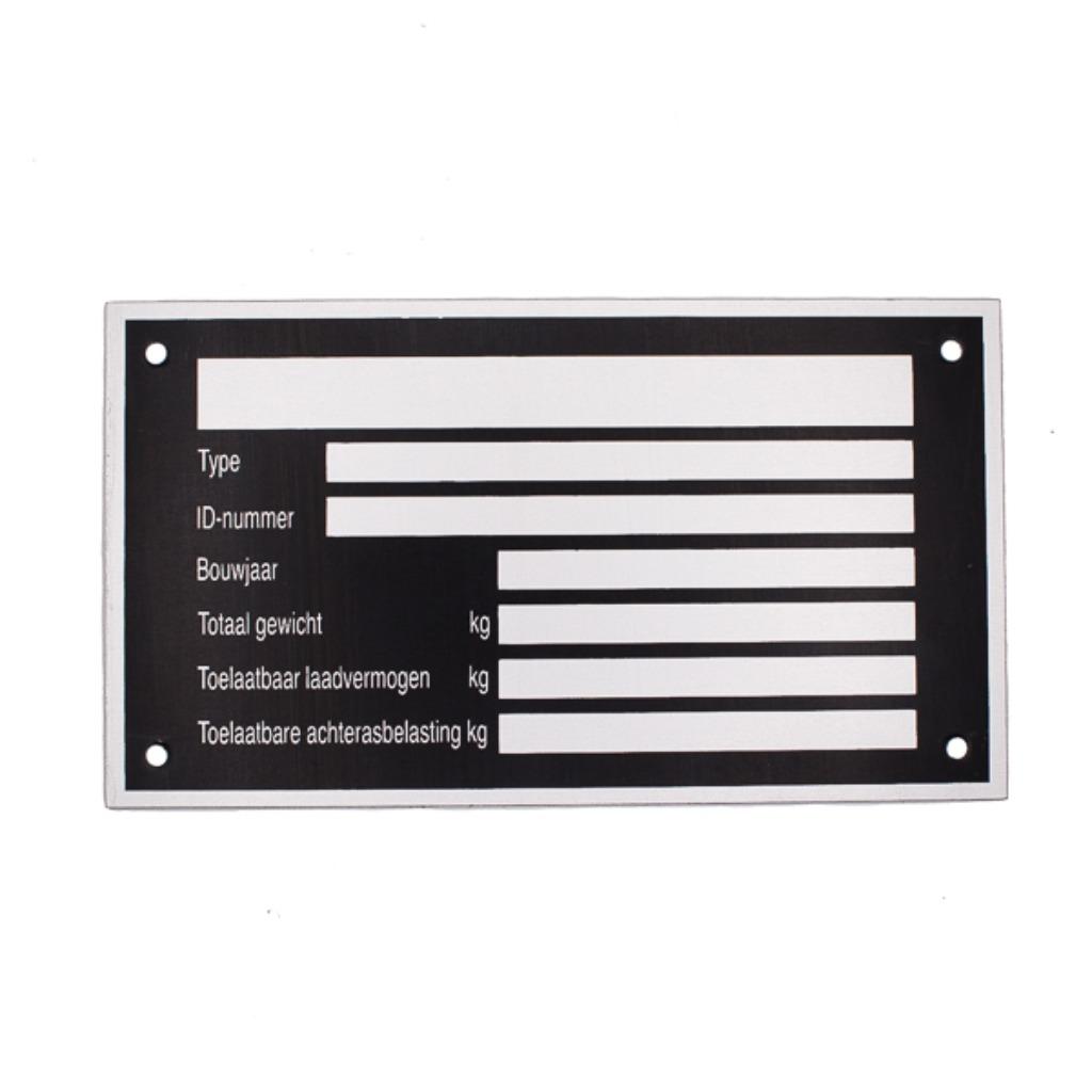 Typeplaat / typeplaatje 125 x 70 mm aluminium, Ophalen of Verzenden