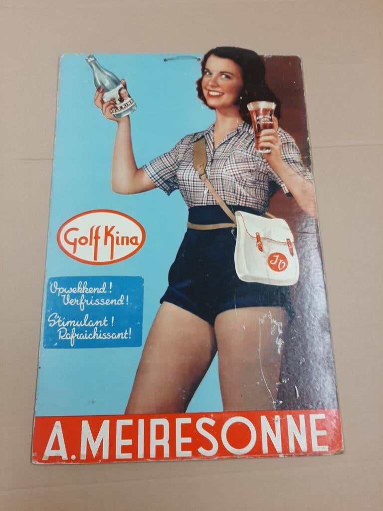 Reclame Golf Kina - brouwerij Meiresonne, Verzamelen, Ophalen of Verzenden, Gebruikt, Reclamebord, Plaat of Schild