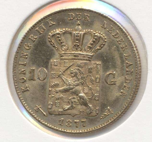 Nederland gouden tientje 1877 Willem 3, Postzegels en Munten, Ophalen of Verzenden, Goud