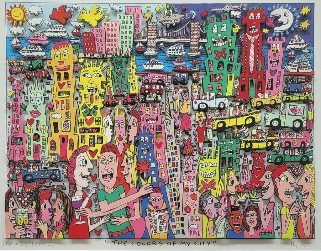 James Rizzi (1950-2011) - The Colors of my City, Antiek en Kunst, Kunst | Litho's en Zeefdrukken, Met glas, Verzenden, Portret en Figuren