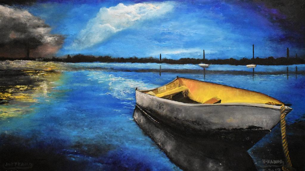 Schilderij met blauwe zonsondergang, gesigneerd Joky Kamo, Antiek en Kunst, Ophalen, Landschap, Paneel