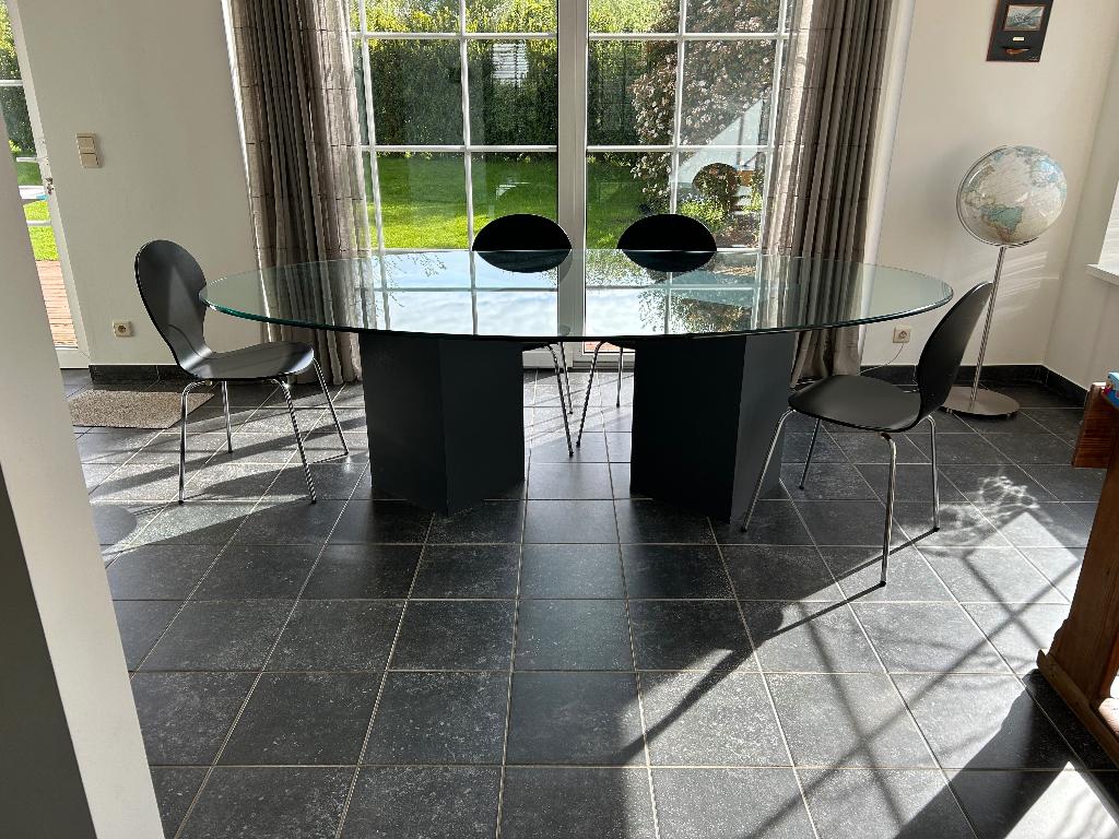 Prachtige glazen eettafel en stoelen, Huis en Inrichting, Ophalen, 100 tot 150 cm, 200 cm of meer, Vijf personen of meer