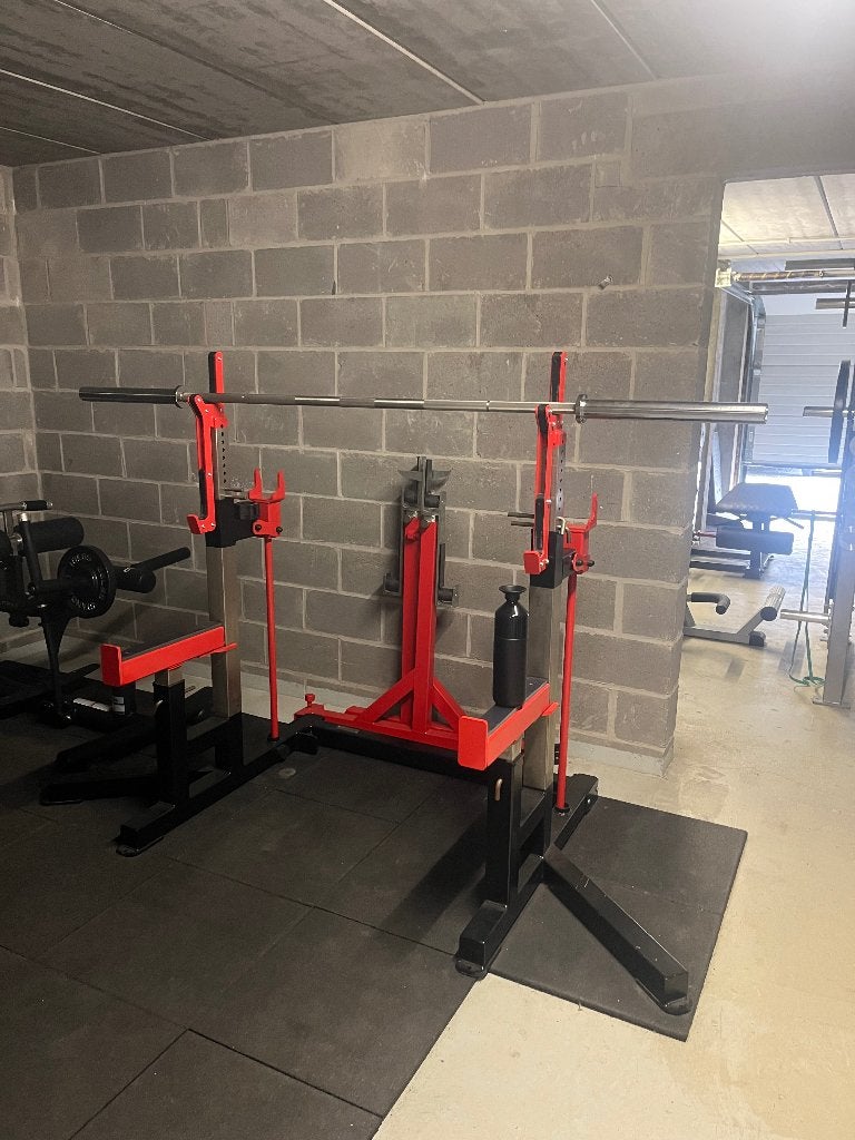 Powerlifting-rek + bar + bank, Sport en Fitness, Fitnessmaterialen, Ophalen, Zo goed als nieuw, Benen