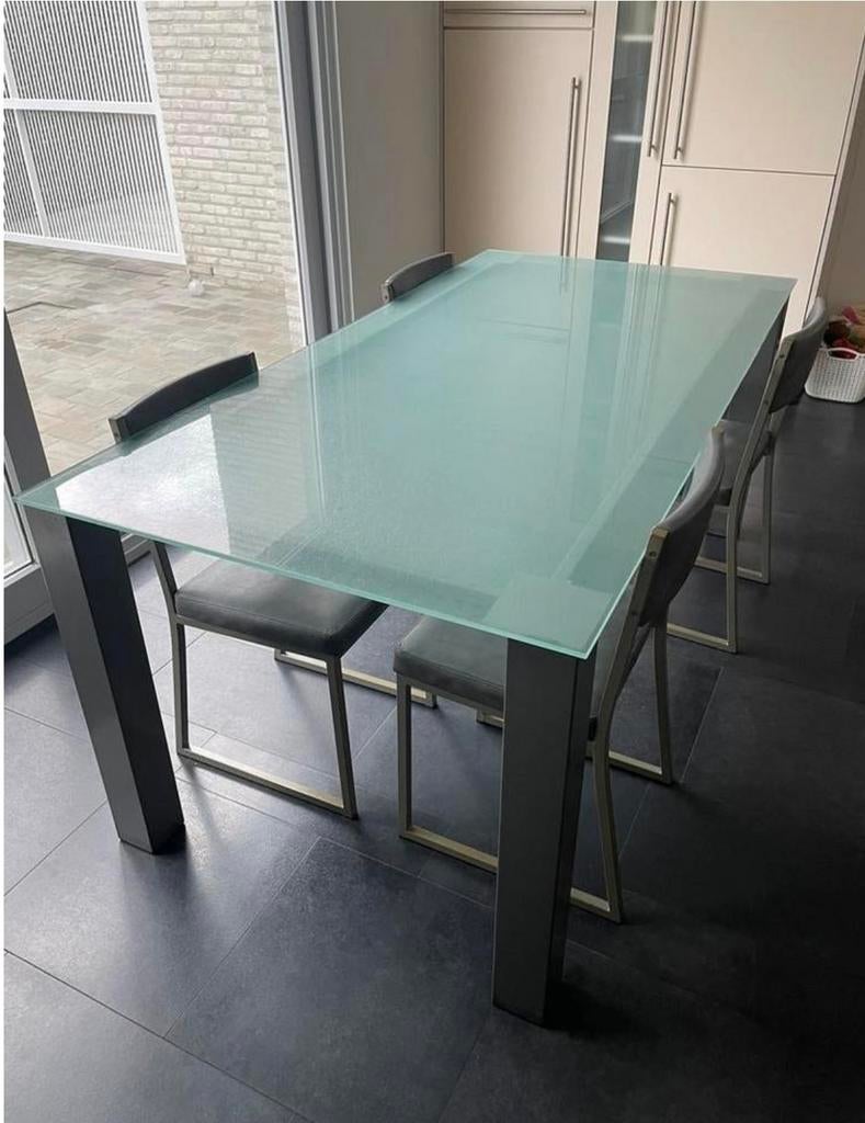 Glazen eettafel + 4 stoelen, Ophalen, 50 tot 100 cm, Zo goed als nieuw, Glas