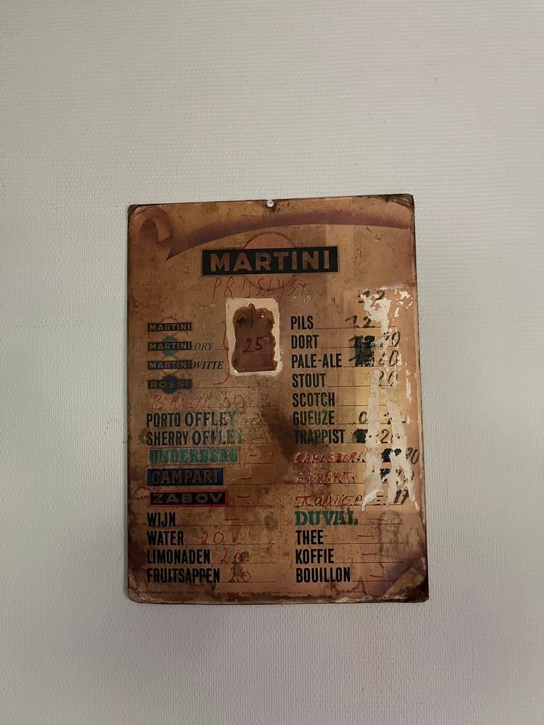 Vintage Martini café prijslijst –originele kartonnen reclame, Ophalen, Zo goed als nieuw, Reclamebord