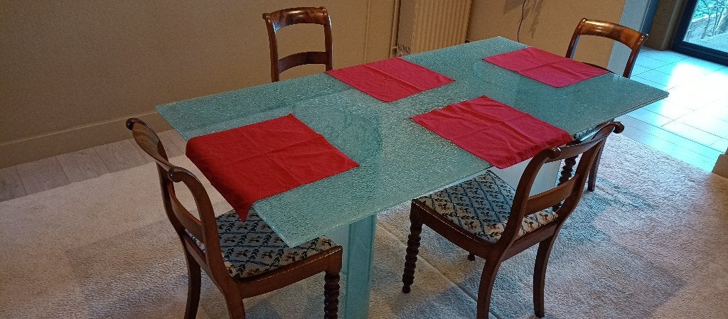 glazen eettafel, 6 personen, Roche Bobois?, Ophalen, Gebruikt, Design, effet "verre feuilleté"', 50 tot 100 cm