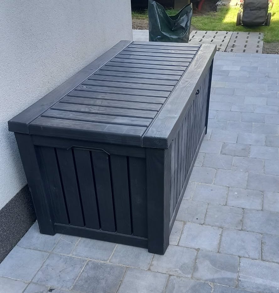 Kunststof opbergbox – houtlook – zeer goede staat, Tuin en Terras, Ophalen, Gebruikt, Kunststof