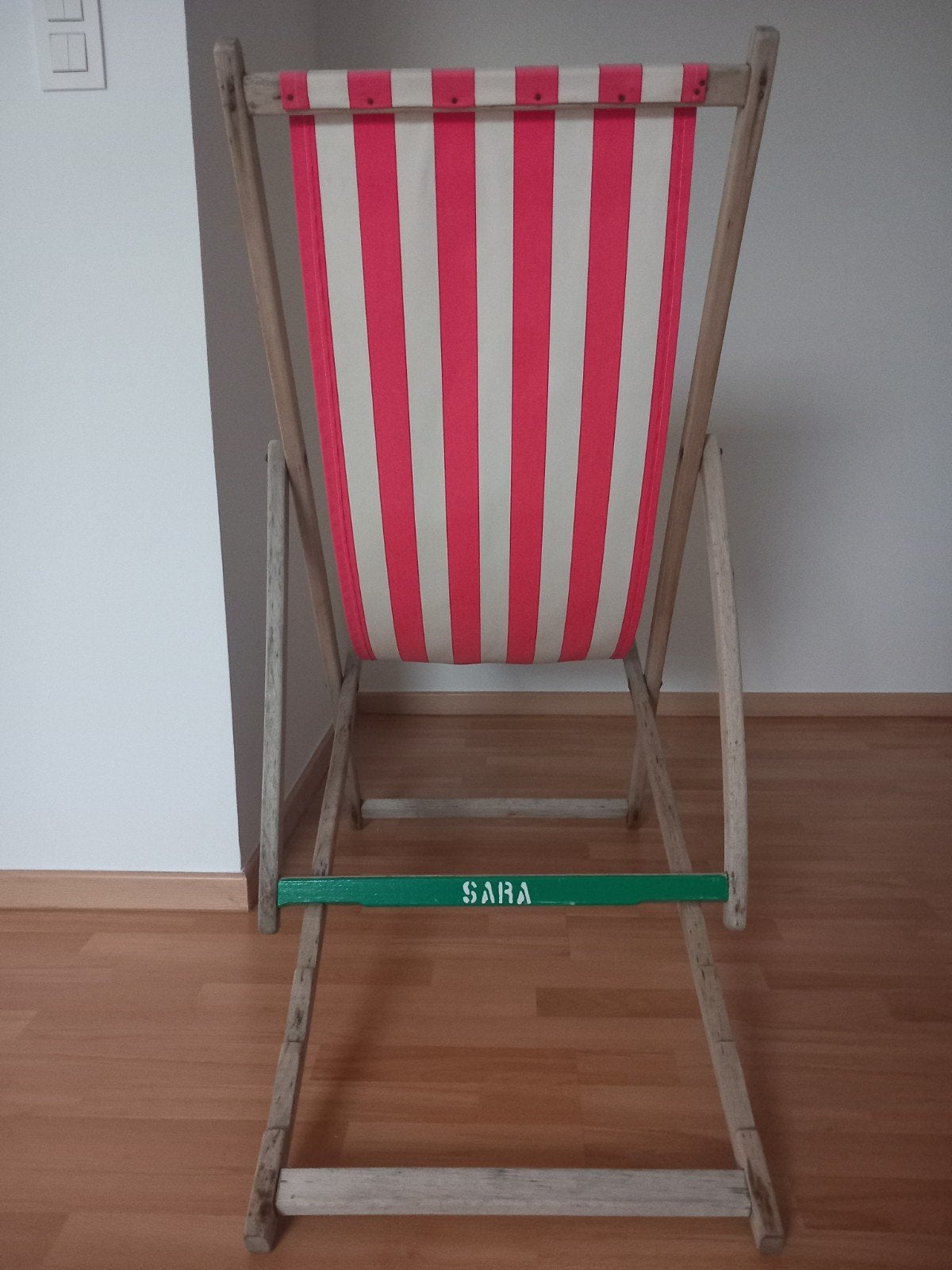 Set van 2 houten tuinstoelen met wit-roze bekleding, Ophalen, Gebruikt, Hout, Inklapbaar
