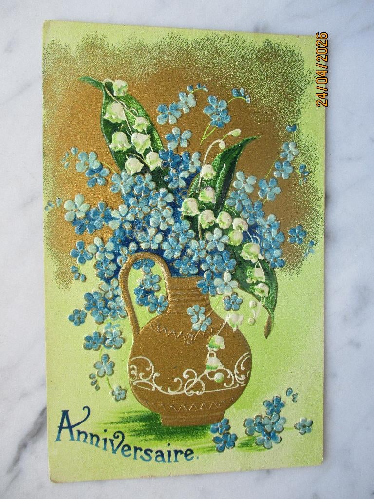 verjaardag gouden vaas bloemen meiklokjes 1911, Verzenden, Voor 1920, Gelopen, Feest(dag)