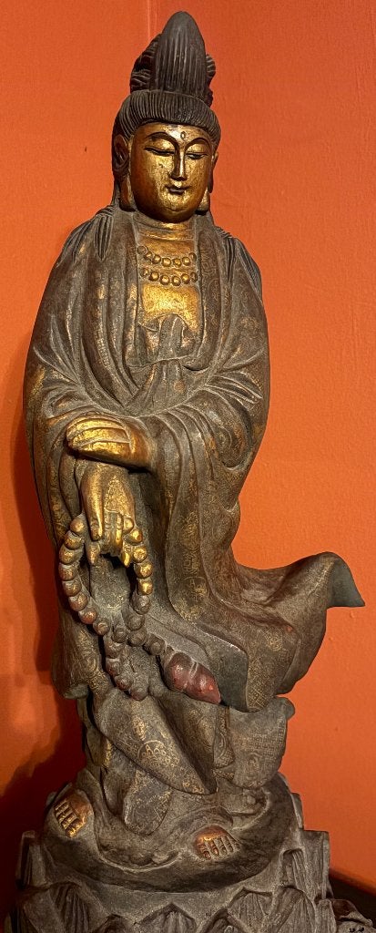 Statue de Kwan Yin en Bois Massif et Chrome Doré, Enlèvement ou Envoi, Chine, Bois, Sculpté