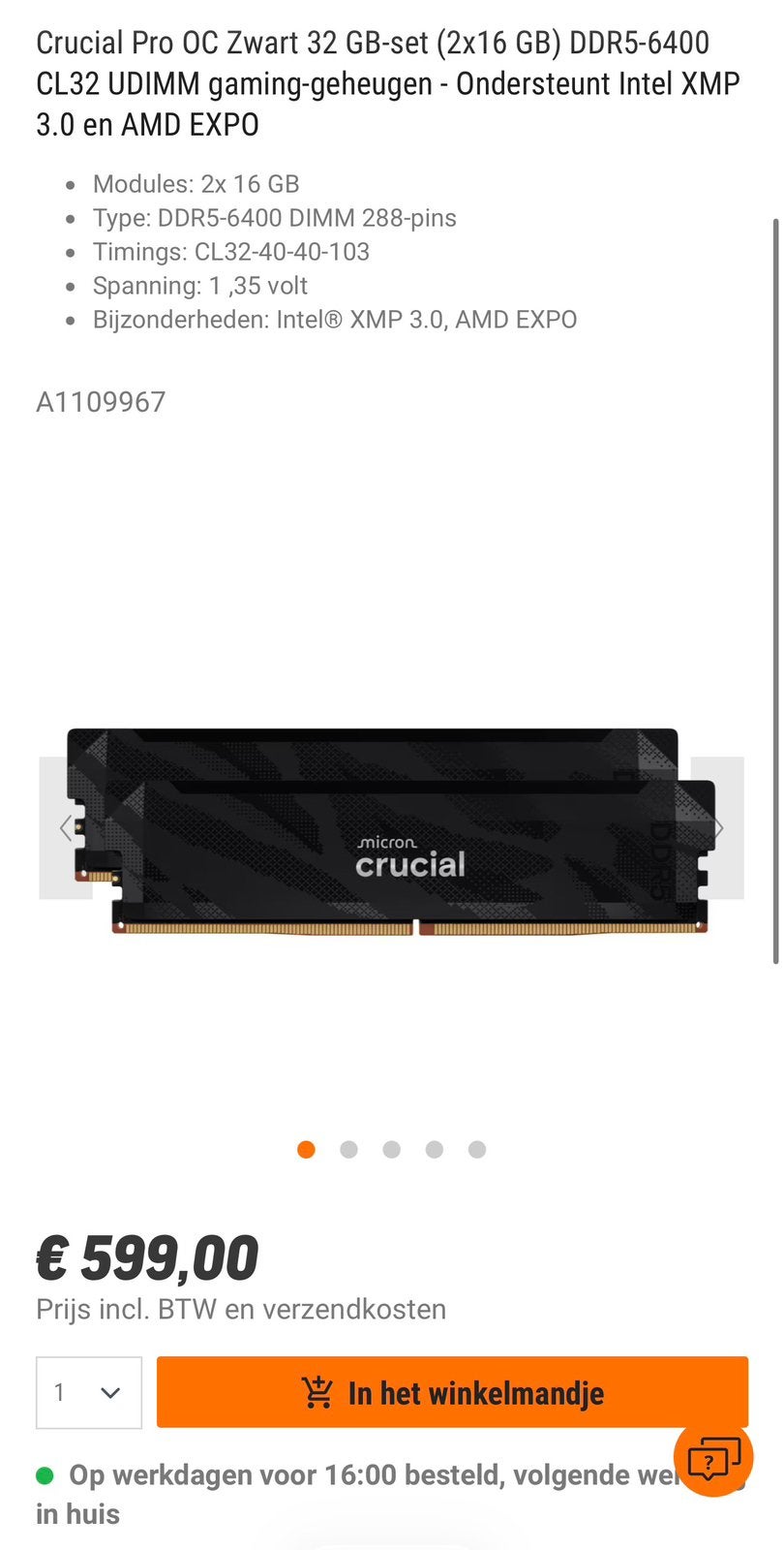 Crucial Pro DDR5 32 GB RAM (2x16 GB) 6400 MHz, 32 GB, 6400 MHz, Nieuw, Ophalen of Verzenden