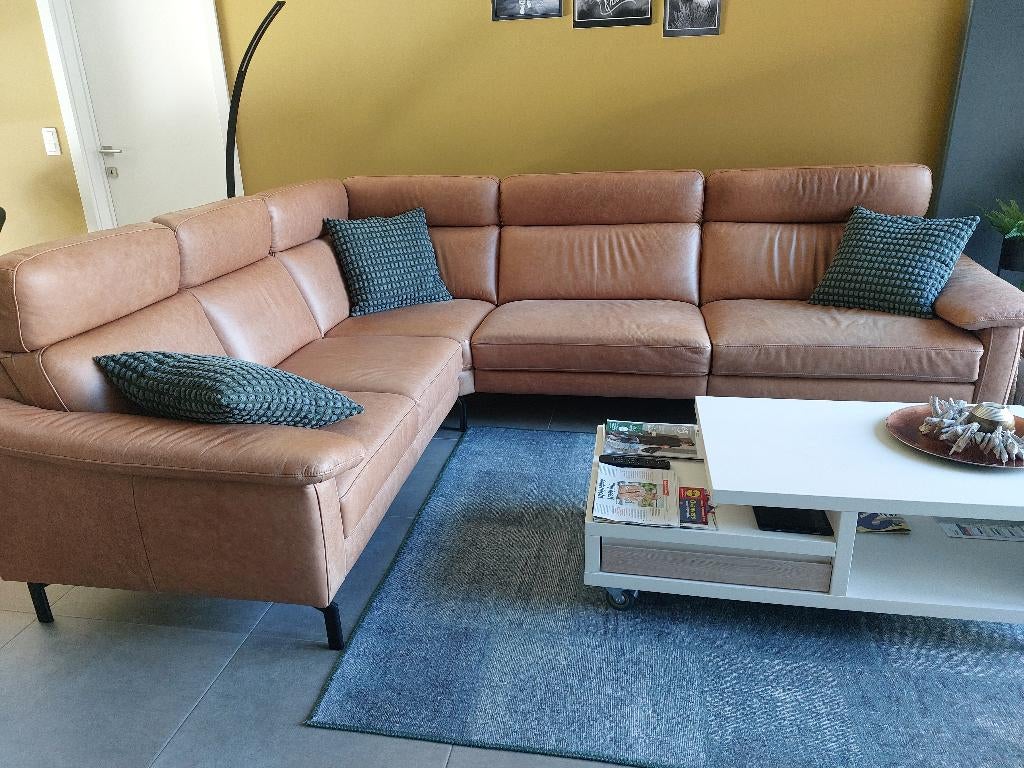 Lederen hoeksalon Morres, Huis en Inrichting, Ophalen, 250 tot 300 cm, Hoekbank, Zo goed als nieuw