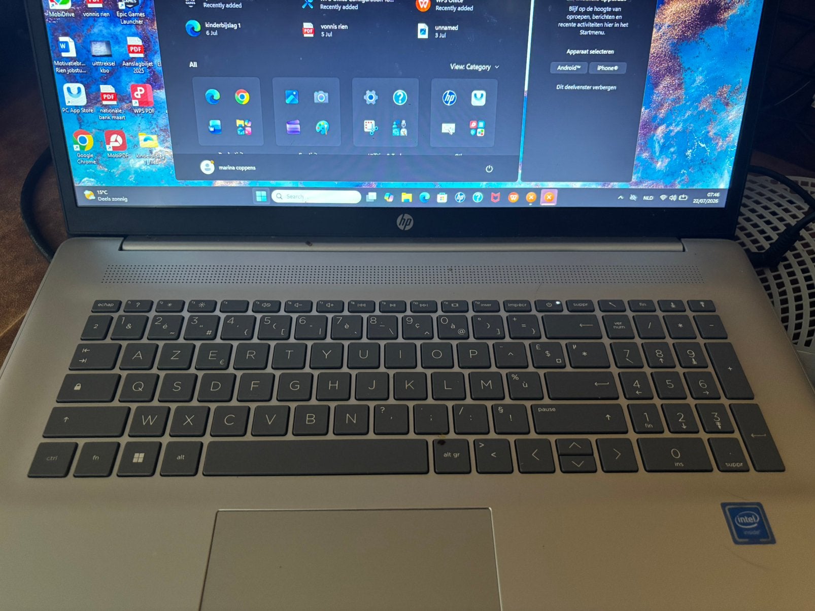 Laptop 15,6" HP 15s-Fq1024nb-Verlichte toetsen - HP, Computers en Software, Ophalen of Verzenden, Zo goed als nieuw