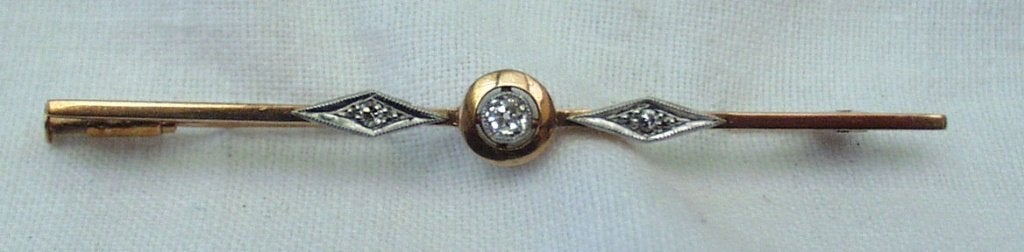 Broche art déco en or et diamant 18 carats., Bijoux, Sacs & Beauté, Bijoux anciens, Enlèvement ou Envoi, Or, Broche, Avec pierre précieuse