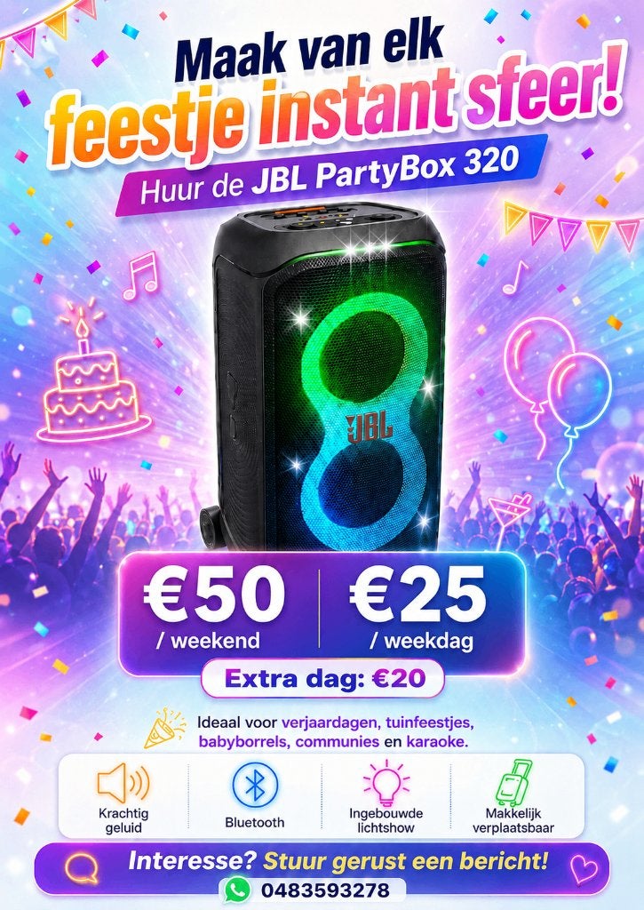 JBL PartyBox 320 te huur luidspreker feestbox met lichtshow, Audio, Tv en Foto, Karaoke-apparatuur, Ophalen of Verzenden, Zo goed als nieuw