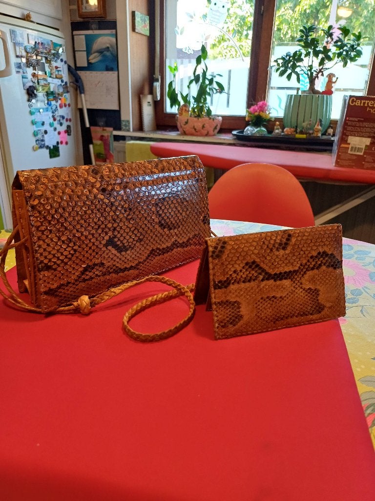 Ensemble sac et portefeuille en peau de serpent, Bijoux, Sacs & Beauté, Sacs | Sacs Femme, Enlèvement ou Envoi, Comme neuf, Brun