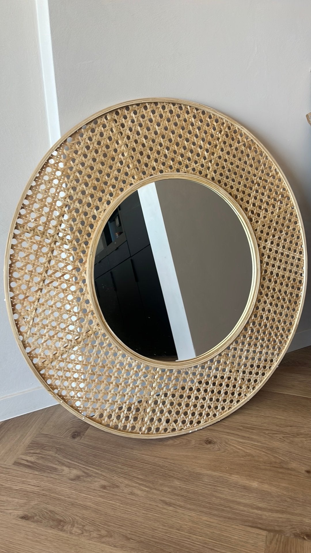 Spiegel in doos - rotan - 90cm, Huis en Inrichting, Woonaccessoires | Spiegels, Ophalen, Rond, Nieuw, 75 tot 100 cm