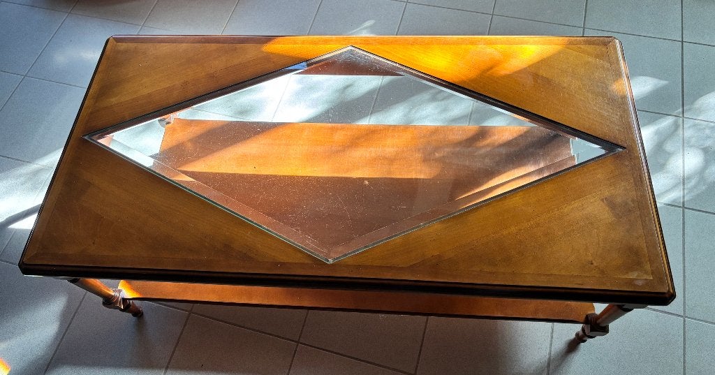 Vintage salontafel – Warm hout met unieke glazen inleg, Huis en Inrichting, Ophalen, Gebruikt