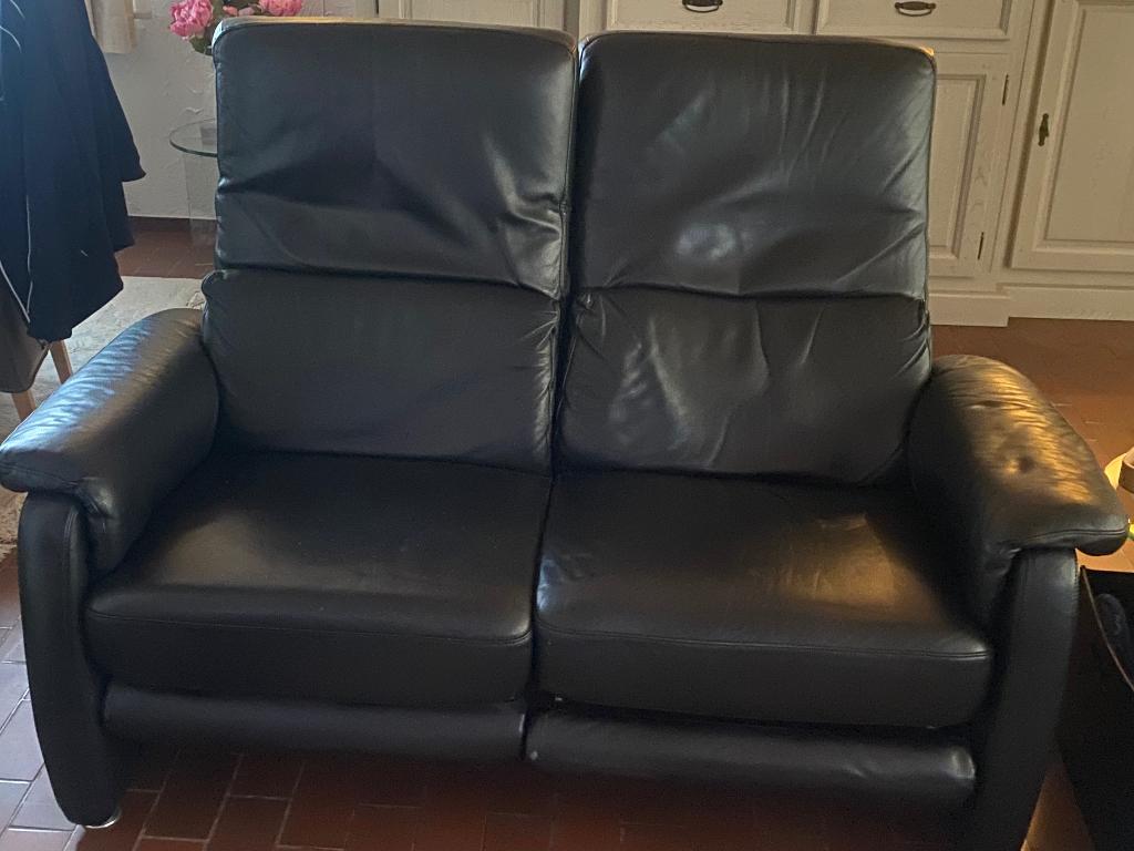 Mooie dubbele lederen relax in Bilzen Limburg ja, Huis en Inrichting, Fauteuils, Gebruikt, Leer, 125 cm of meer, 75 tot 100 cm