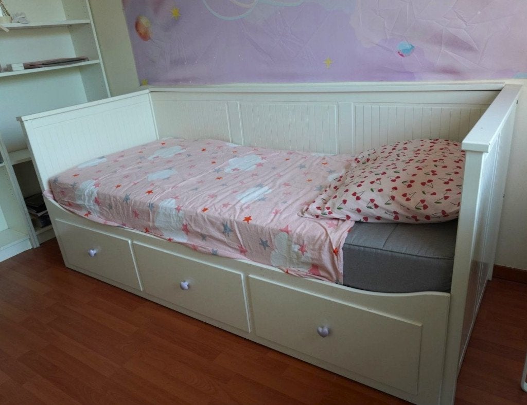 IKEA HEMNES uitschuifbed + 2 matrassen – Wit, Ophalen, Wit, Tweepersoons, 140 cm