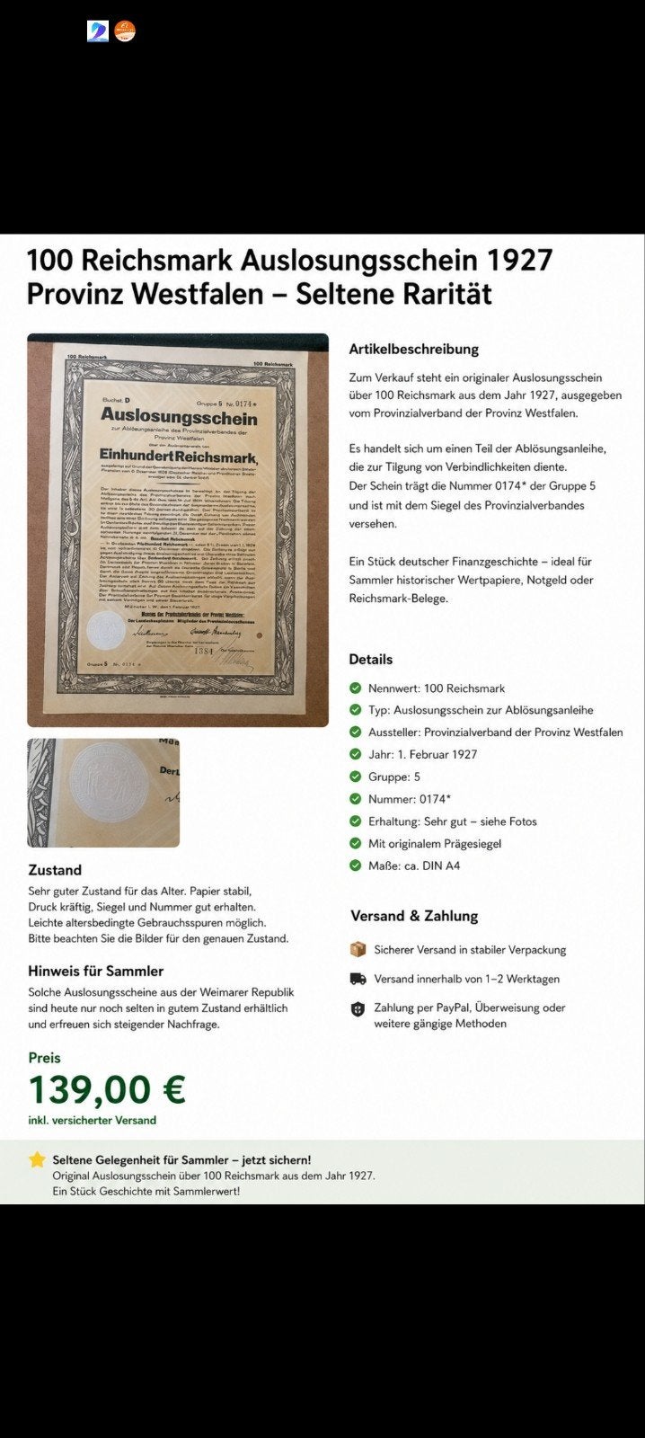 auslosungsschein 1927, Ophalen of Verzenden