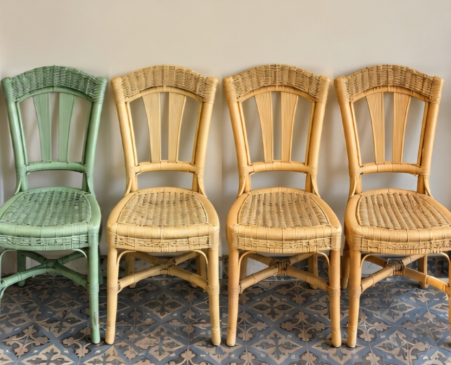 Lot de 4 chaises en rotin vintage, Maison & Meubles, Osier ou Rotin, Autres couleurs, Enlèvement, Utilisé