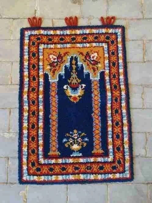 Wandkleed wol handgeknoopt smyrna blauw rood bruin 98/69 cm, Tapisserie murale, Enlèvement ou Envoi, Bleu, Vintage
